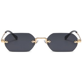 RUNHUIS Retro Rimless Rectangular Sunglasses for Women Men Vintage Hexagon Tinted Lenses, Gold/Grey