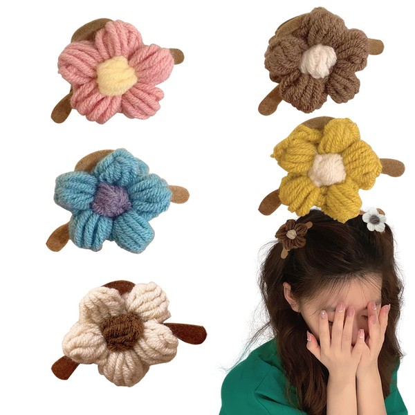 5 PCS Mini Hair Claw Clips Braided Fluffy Plush Flower Hair Catch Barrette Jaw Clamp for Women Girls Strong Hold Half Bun Hairpins for Thick Thin Hair Stylish Curly Hair Accessories