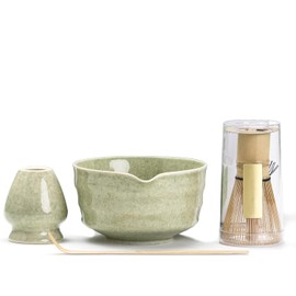 17 OZ Matcha Whisk Set - Complete 4PCS Kit for Traditional Tea Ceremony, with Handcrafted Bamboo Whisk Scoop Stand Bowl, Classic Green Glaze Ceramic