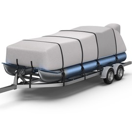 RVMasking 1200D Partial Reinforced Waterproof Marine Grade Pontoon Boat Cover with Motor Cover for Length: 21’-24’, Beam Width up to 102”, Gray