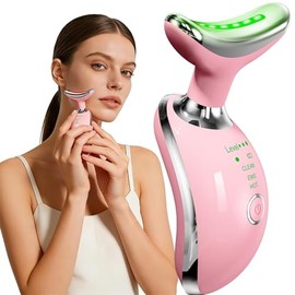 Herramienta masajeadora facial y cuello con calor y 3 terapias de luz, vibración inteligente, terapia de luz roja y modos EMS, herramientas faciales Gua Sha para cuidado de la piel de cara y cuello y alivio de la ATM (rosa)