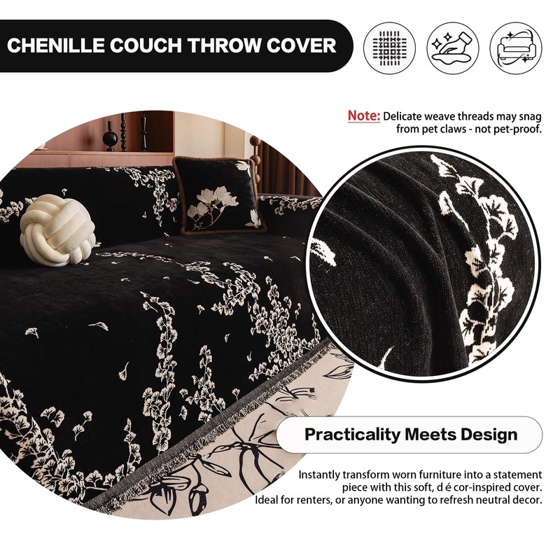 Black Vintage Couch Cover Botanical Vine Jacquard Slipcover for Loveseat