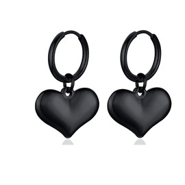 Heart Love Dangle Drop Endless Small Hoop Stainless Steel Earrings For Women Girls Minimalist Dangling Round Circle Huggie Hoops Dainty Punk Hanging Jewelry Gifts for Her lover Wife Birthday (Black)