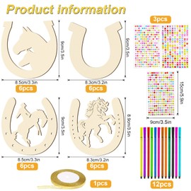 40 Pieces Horseshoe Children's Birthday Wooden Set, 24 Wooden Horseshoe Crafts with 12 Watercolour Pens & 1 Glitter Ribbon and 3 Glitter Stones Stickers for DIY Decoration, Wooden Discs Horseshoe