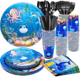 175Pcs Under the Sea Party Supplies Ocean Sea Life Birthday Decorations Include Ocean Animal Plates Ocean Napkins Cups Knive Fork Spoon for Marine Animals Theme Under The Sea PartyParty Decor Serve 25