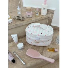 Punchiess Amour Vanity Makeup Bag - Great for bridal parties, pool parties, travel, gifting - Red Hearts Pattern, Makeup Bag Set Option - size: Vanity/MakeupBag Set