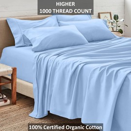 Neighbourhood Home 100% Real Certified Organic Cotton Bedsheet Set, Queen Size 6 Piece 1000 Thread Count Sheets Sets, Extra 30" Deep Pocket - Light Blue