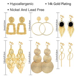 ASH'S CHOICE 6 Pairs Clip on Earrings for Women, Gold Drop Dangle Boho Fashion Earrings Set for Women, Hypoallergenic Non Pierced Gold Large Clip Earrings Set Ring Feather Leaf Long Stick Black