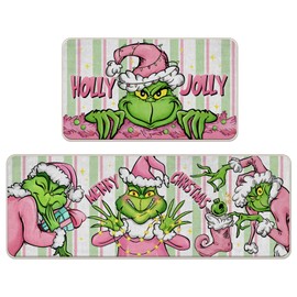 Pycat Merry Christmas Cartoon Character Kitchen Rugs Set of 2, Pink Xmas Holly Jolly Kitchen Mats Decor, Winter Funny Holiday Stripes Floor Door Mat Home Decorations - 17x29 and 17x47 Inch