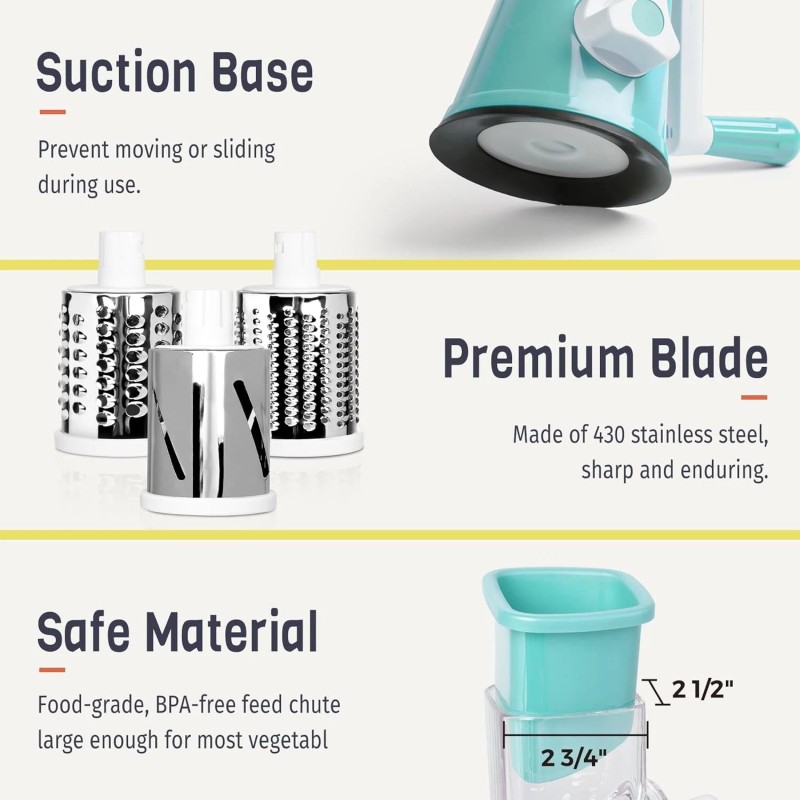 MIXX UNIQ Rotary Cheese Grater - 3 Blades,Veg, Fruit, Nuts