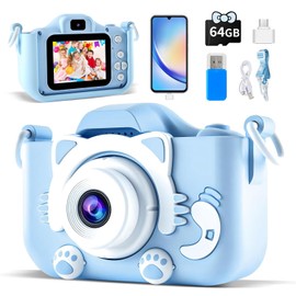 Mini Cámara para Niños Digital, 8MP Camara Fotografica con Actualizado 64G Tarjeta de Memoria y Lector, 2.0 IPS HD Pantalla, Selfie fotografía 1080P Video, Juguetes Regalo para Niñas (Azul)