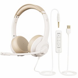 JIAMQISHI USB Headset with Microphone for PC, On-Ear Computer Laptop Headphones with Noise Cancelling Mic in-line Control for Home Office Online Class Zoom (USB+3.5mm, White)