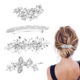 Fokmuaex 4-Piece Rhinestone Hair Clips for Wedding, Silver Crystal Bobby Pins Leaf Design, Bridal Hairpins Barrette for Brides Bridesmaids Flower Girls, Sparkling Hair Accessories