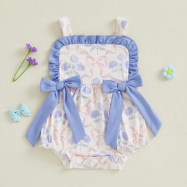 BULINGNA Newborn Baby Girl Summer Outfit Sleeveless Bow Ruffle Decor Floral Bubble Romper Infant Jumpsuit (Blue, 3-6 Months)