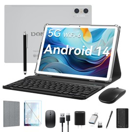 Android 14 Tablet 2025 Latest Tablets, 10 inch Tablet (4+4)GB RAM 64GB ROM 1TB Expand, 2 in 1 Tablets with Keyboard, Case, Stylus, Octa-Core Tableta PC, WiFi 6, Bluetooth,13MP+5MP Dual Camera (Silver)
