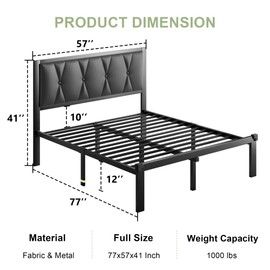 Feonase Full Size Metal Bed Frame with Faux Leather Button Tufted Headboard, Platform Bed Frame with Heavy Duty Metal Slats, 12" Storage Space, Noise Free, No Box Spring Needed, Black