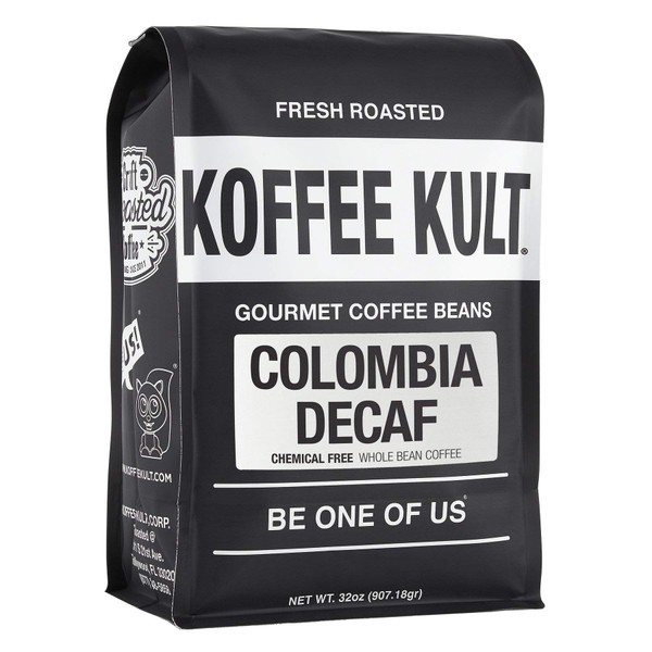 Koffee Kult Colombia Decaf Coffee Beans Decaffeinated Medium Roast 100% Arabica Whole Bean Naturally Swiss Water Process Chemical Free Espresso