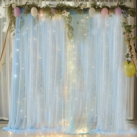 Baby Blue Backdrop Curtains for Baby Shower Decorations 10×8FT Tulle Backdrop Curtain with Lights for Boy Parties Elephant Birthday Party Photo Shoot Backdrop Background Decorations (2 Panels 4×10ft)