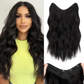 S-noilite One Piece Clip in Hair Extensions 18 Inch U-Shaped Black Hair Extensions Weft with 5 Clips 3/4 Full Head Long Wavy Synthetic Curly One Piece Thick Hairpieces for Women,#3