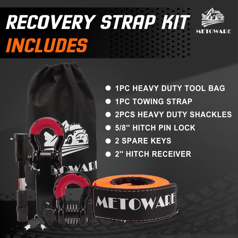 METOWARE Heavy Duty Tow Strap Recovery Kit - 3" x