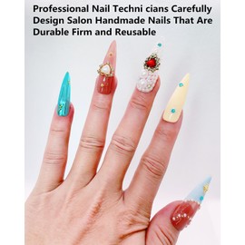 CAMILCY Press on Nails Handmade Nails Luxury Reusable Fake Nails For Girls Extra long Almond Tip Blue Colorful Diamonds HandPainted Salon Loveful Design Acrylic GelUV Finished For Women 3DNails10PCS L