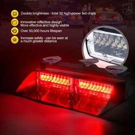 Xprite 2-in-1 High Intensity 32 LED Emergency Dash Strobe Warning Lights Interior Windshield Flashing Light w/Suction Cups for Volunteer Firefighter Construction Vehicles Truck Red