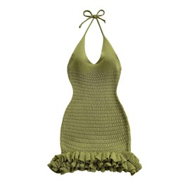 GORGLITTER Women's Crochet Halter Bodycon Mini Dress Bow Open Back Sleeveless Bubble Summer Knit Dress Elegant Classy Green Small