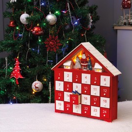 Red & White Wooden Advent Calendar – House Shaped Light Up Festive Xmas Decoration with Traditional Father Christmas Cut Out Design & 24 Drawers for Kids Childrens Novelty Gifts – H30 x W30 x D6.1cm
