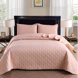 Exclusivo Mezcla 2-Piece Twin Size Quilt Set with One Pillow Sham, as Bedspread/Coverlet/Bed Cover(Grid Weave Pale Blush) - Soft, Lightweight, Reversible& Hypoallergenic