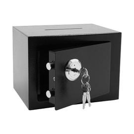 Cash Drop Box, 4.6L Mini Steel Wall Mount/Free Standing Locking Deposit Cash Safe with Mechanical Keys, 110° Door Opening Angle for Coin Home Hotel Restaurant, 9 X 6.7 X 6.7in (Black)