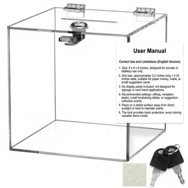 QWORK Acrylic Donation & Suggestion Box 6x6x6 Inches – Clear Lockable Design for Office, Event & Counter Use