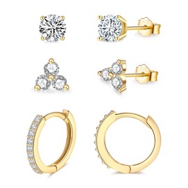 Gold Stud Hoop Earrings for Women Men | Hypoallergenic 925 Sterling Silver Hoop and Stud Earrings Set, 3 Pairs Small Cubic Zirconia Stud Cartilage Sleepers Unisex Earrings Set for Multiple Piercings