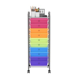 OFFICEJOY Storage Cart, Rolling Utility Cart with 10 Drawers, Portable Handles & Lockable Wheels, Mobile Paper Toys Storage Organizer Large Capacity for Home Office School Teacher (Rainbow)