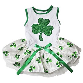 Petitebella - Vestido para perro de trébol de lentejuelas verdes (blanco/tréboles (lazo verde), pequeño)