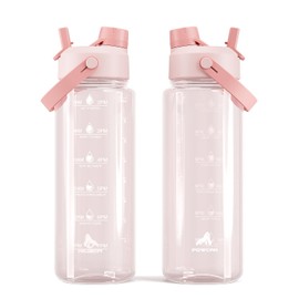 POWCAN - Botella de agua de plástico de 40 onzas con tapa 2 en 1, sin BPA, botella de agua motivacional con marcador de tiempo, a prueba de fugas y re