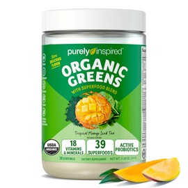 Purely Inspired Mezcla orgánica de batidos en polvo verde, sabor a té helado de mango tropical (30 porciones) – Probióticos para la salud digestiva co