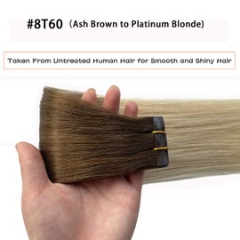 Omber Blonde Tape In Hair Extensions 14inch 30g/Pack - Ash Brown To Platinum Blonde Human Hair For Women - Invisible Natural Tape Extensions 20pcs