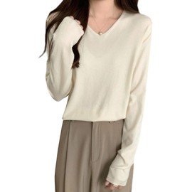 Volen Women's Knit V-Neck Sweater, Solid, Thin, Cut and Sewn, Layered, Soft, Multi-Wear, Stylish, Commuting to Work, white (off-white)