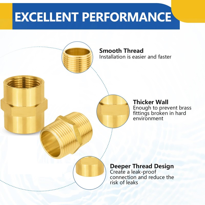 10PACK GUOFIS Brass Pipe Fitting,1/2" Male Adapter(5 Pack)+1/2" Female Adapter(5