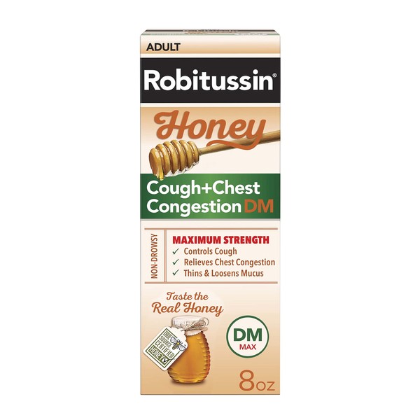 Robitussin Maximum Strength Honey Cough + Chest Congestion DM, Cough Medicine for Cough and Chest Congestion Relief Made with Real Honey for Flavor - 8 Fl Oz Bottle
