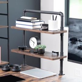 VIVO Clamp-on Premium 24 inch Industrial Pipe 2-Tier Tabletop Shelving, Heavy Duty Desk Extension Organizer, Modern Desktop Display Shelf, Rustic Vintage Brown Shelves, DESK-SHELF24-2N