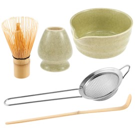 Matcha Whisk Set Matcha Whisk Holder Bamboo Matcha Whisk and Bowl with Spout Matcha Sifter Spoon Matcha Tea Set Kit for Matcha Tea (5pcs) (Green)