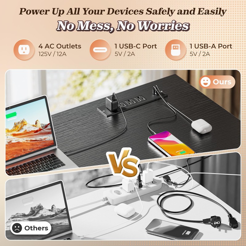 PRAISUN 61" L Shaped Desk with Power Outlets and USB-C