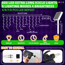 Retisee 65ft Solar Icicle Light for Outdoor 600 LED Waterproof Xmas Solar String Light Solar Powered Icicle String Lights for Outside Indoor Yard Porch Hanging Decor(Yellow, Purple, Green)