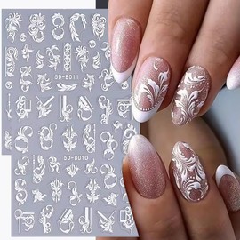 Nagelsticker Blumen Frühling Nail Art Sticker 5D Selbstklebend Weiß Blumen Nagelaufkleber Frühling Sommer Blumen Dekoration Nageldesign Zubehör (2Blatt)
