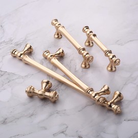 Amerdeco 6 Pack Brushed Brass Cabinet Pulls 128mm Hole Center Cabinet Hardware Gold Kitchen Cabinet Handles for Bathroom Drawer Pulls Dresser Pulls UK0017