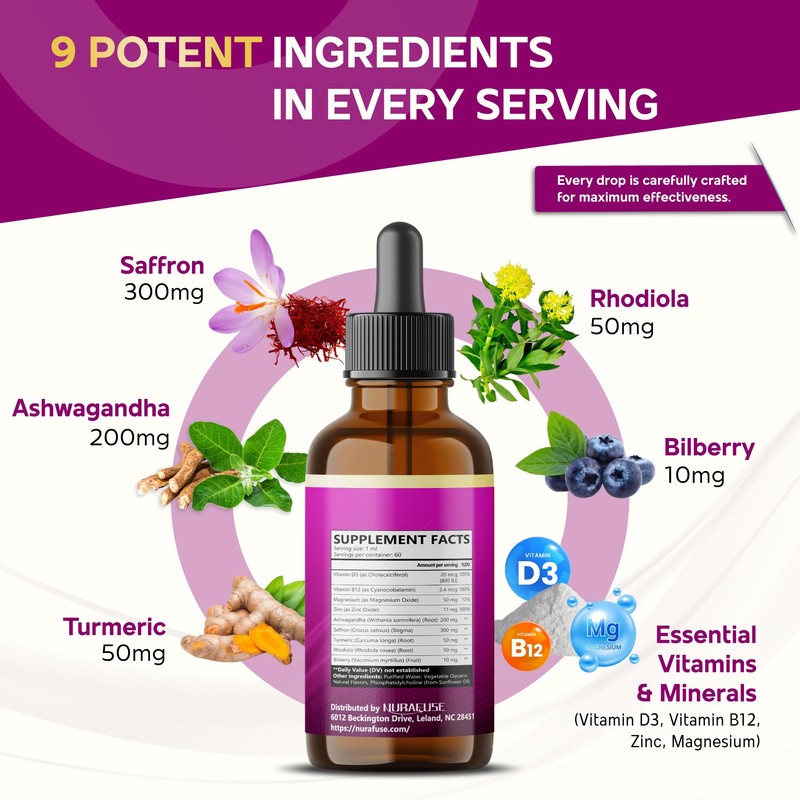 NURAFUSE Liposomal Saffron, Ashwagandha, Bilberry, Turmeric, Rhodiola Liquid Drops –