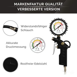 MARKENFAKTUR Tyre Inflator, Steel Edition, Universal Tyre Pressure Gauge with Integrated Pressure Regulator, Air Pressure Gauge, Includes Bicycle Valve and Valve Caps, Compressed Air Tyre Inflator
