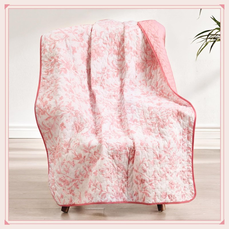 Breling Pink Floral Quilted Throw Blanket 50 x 60 Inch