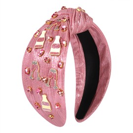 HSWE Crystal Knotted Headband for Women Pink Champagne Glass Rhinestone Jeweled Embellished Wide Top Knot Hairband Funny Gifts for Girls Sister Bff Birthday Bride Holiday Party